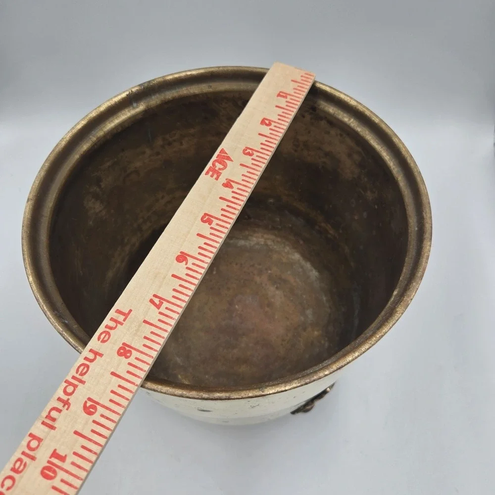 Vintage Solid Brass Hammered Planter Cachepot Claw Feet Patina Pot Large